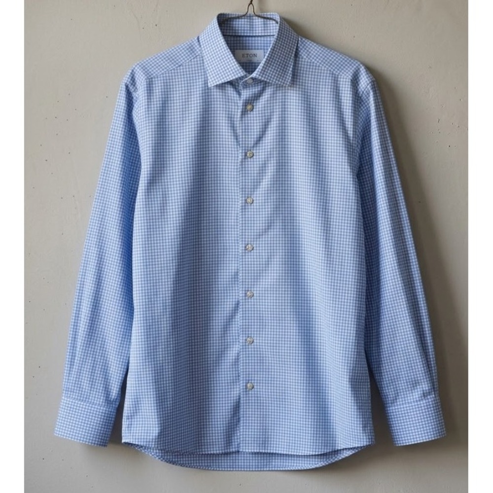 Eton Button Down size 17.5 Blue Gingham Plaid Slim Fit Cotton Preppy Dress Shirt